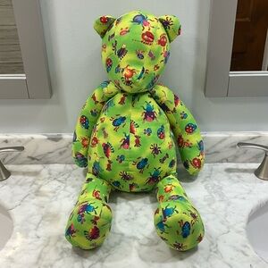 Handmade hand sewn stuffed Teddy bear w/ green bug pattern insect OS Baby gift